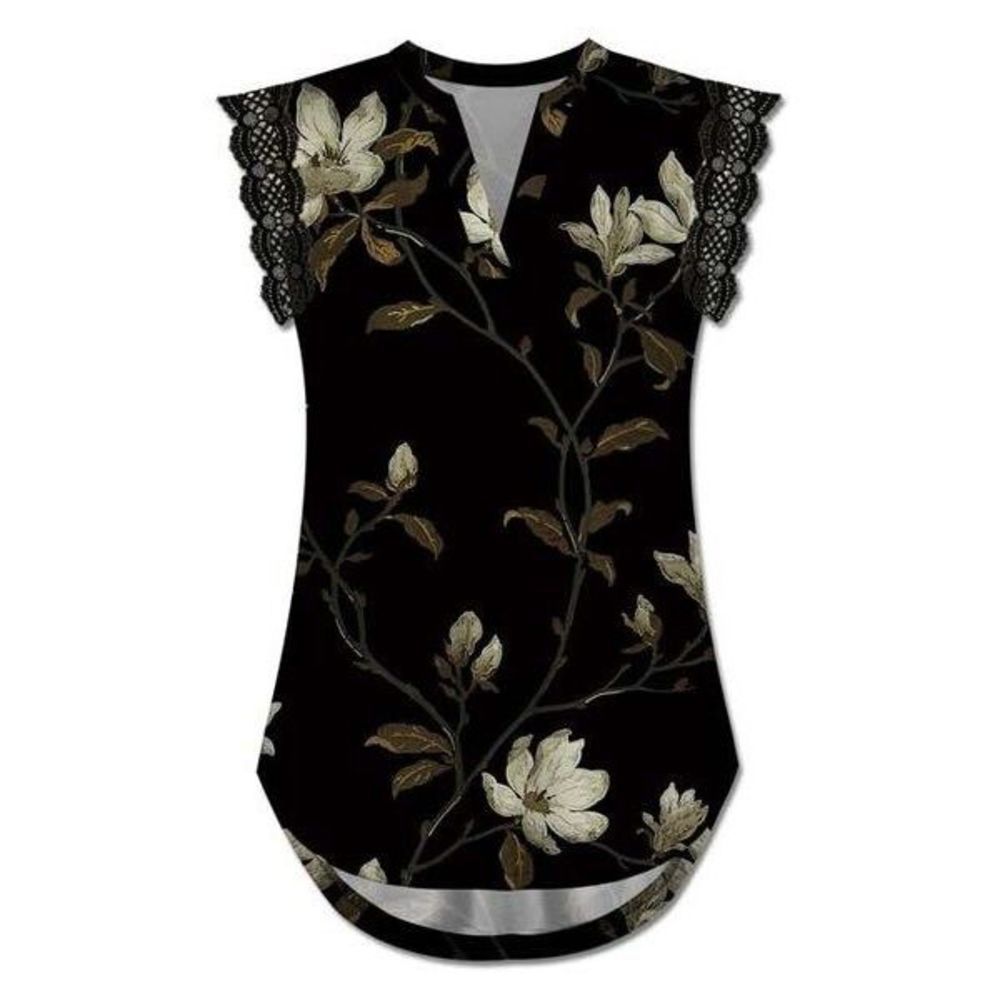 UDEAR Black Floral Lace Trim V Neck Sleeveless Top Size S